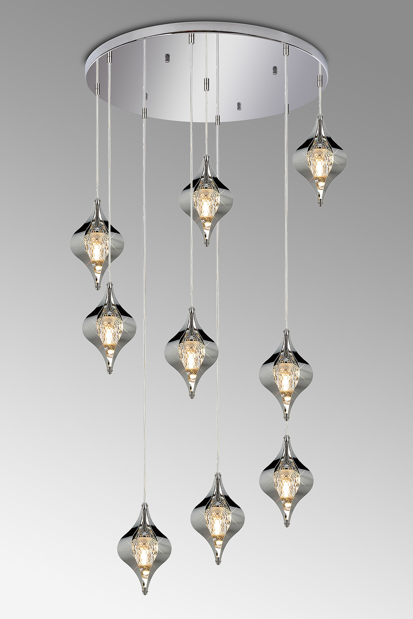 IL31855CH  Amano 66cm Round Pendant, 9 Light Adjustable G9, Polished Chrome/Crystal